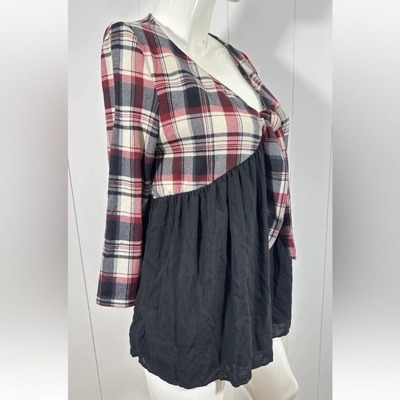 NWT Entro Sz M Women's Plaid Long Sleeve Tunic Top Boho Multicolor Front Tie - Picture 4 of 11